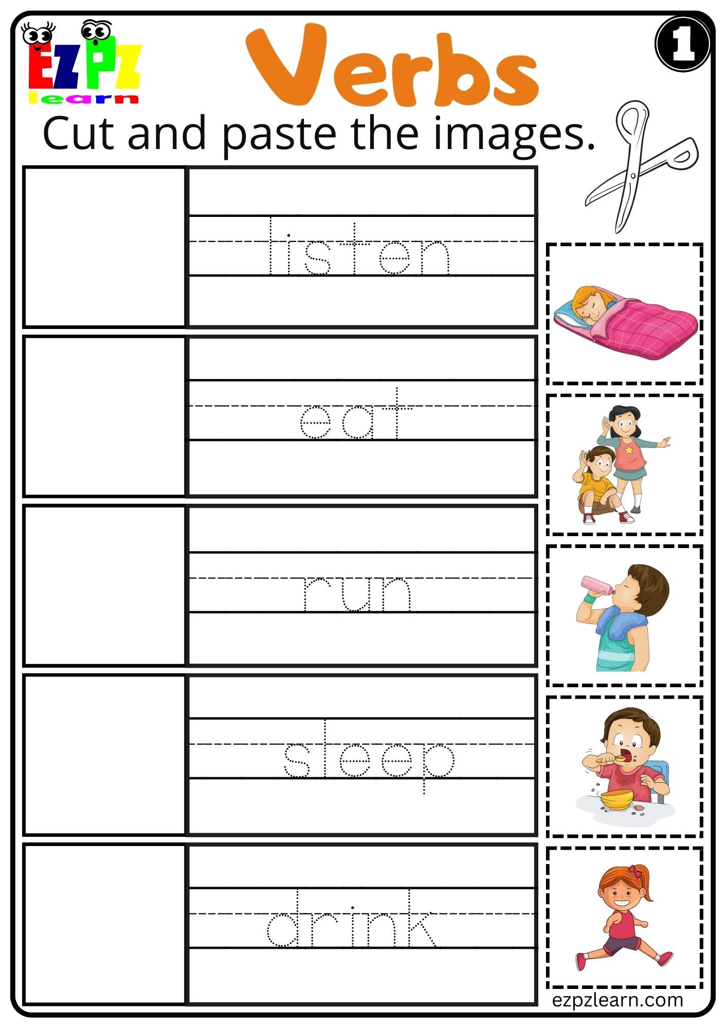 Verbs Cut and Paste Worksheet for ESL and Home Schooling Kindergarten